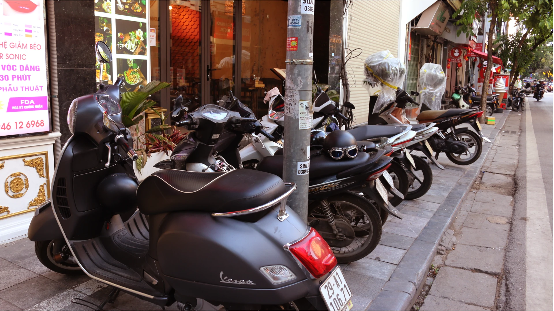 Motorbikes parked across pavement