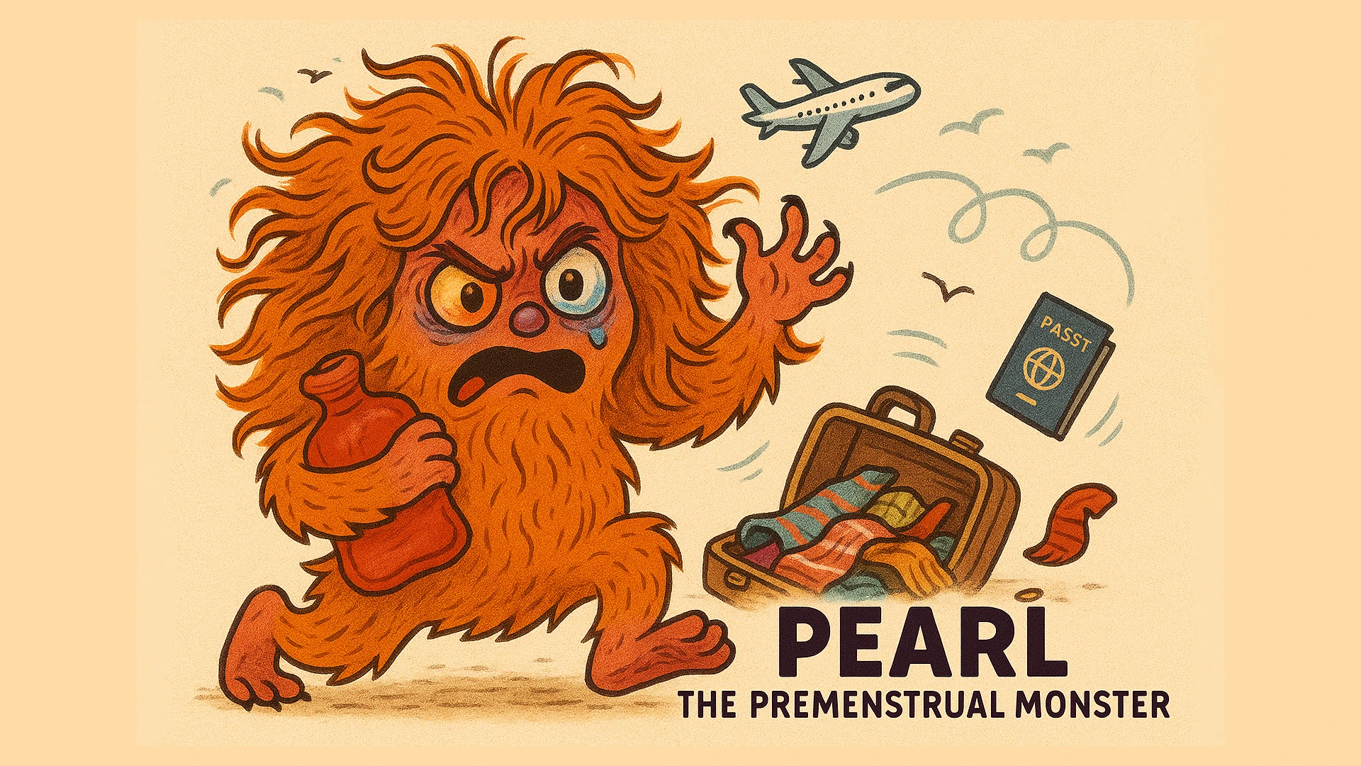 AI generated image of a fluffy, orange monster clutching a hot water bottle and packing a bag for a flight